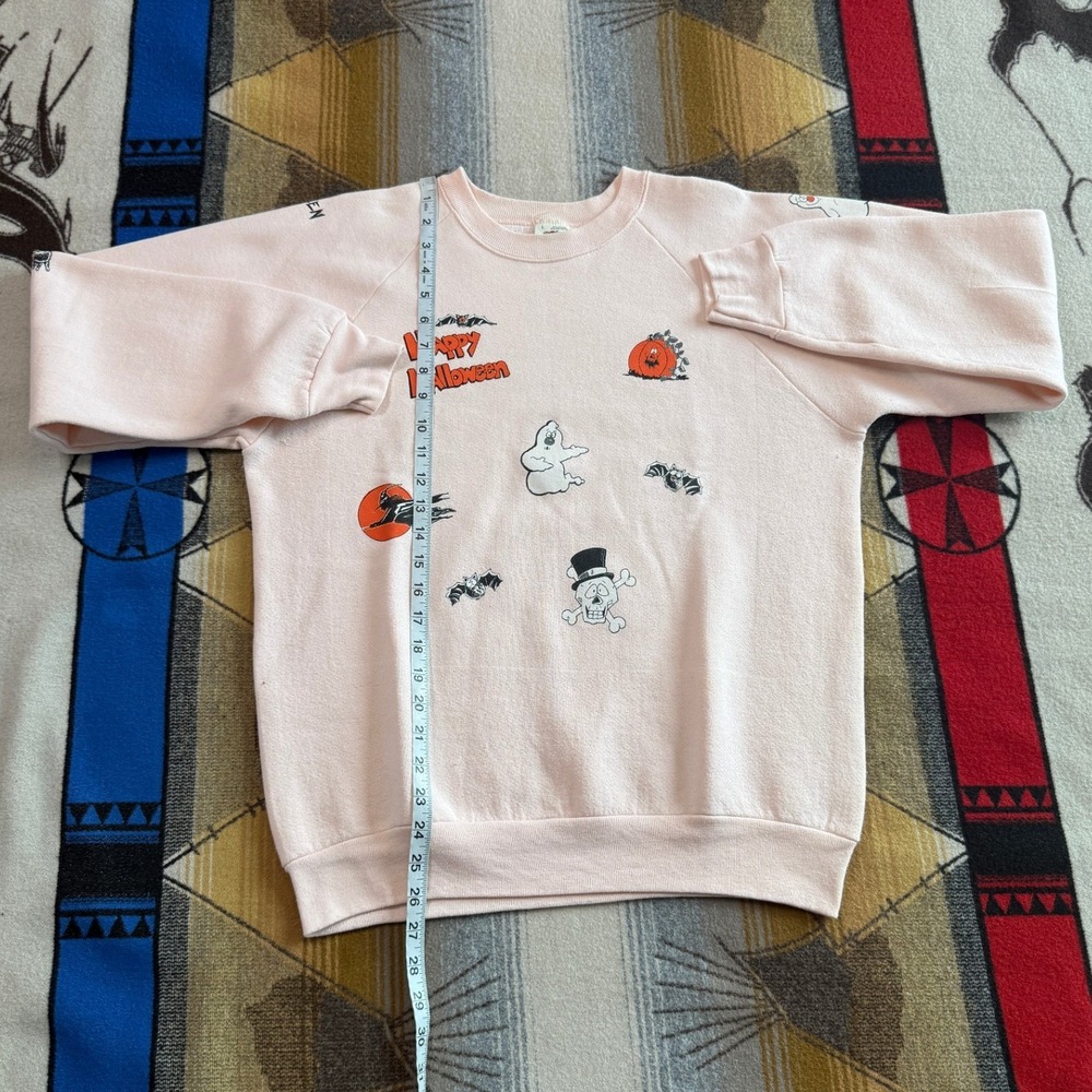 Vintage Fruit of the Loom Halloween Sweatshirt Pink Raglan Ghost Pumpkin Large - Picture 9 of 10